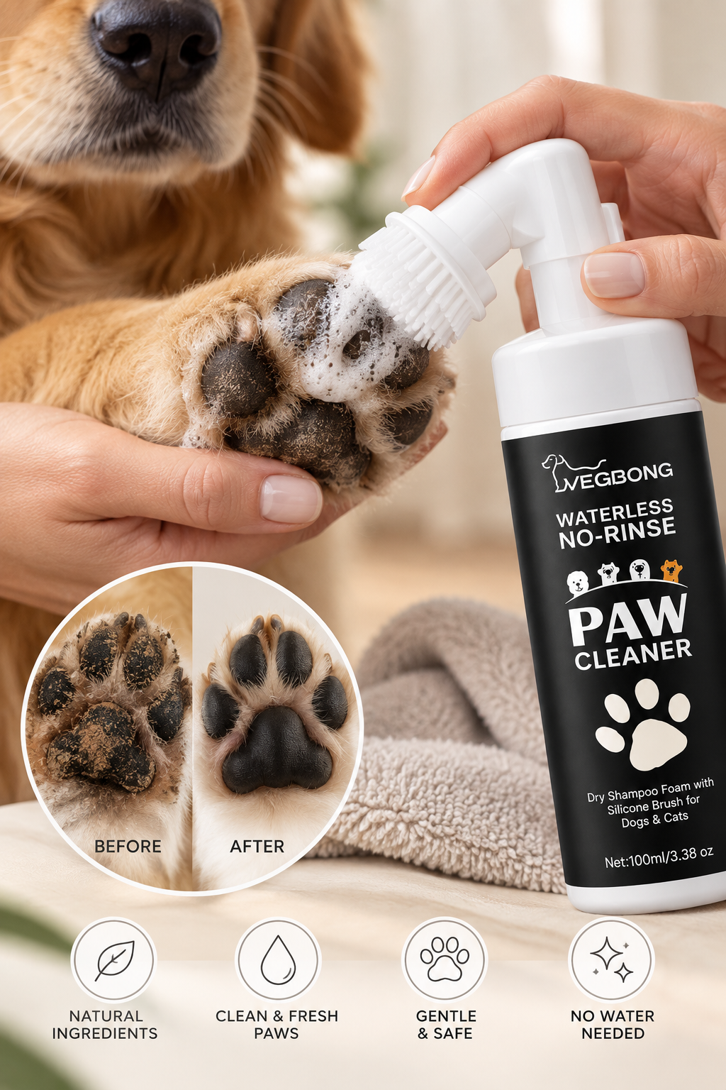 Paw cleaner foam with silicone brush